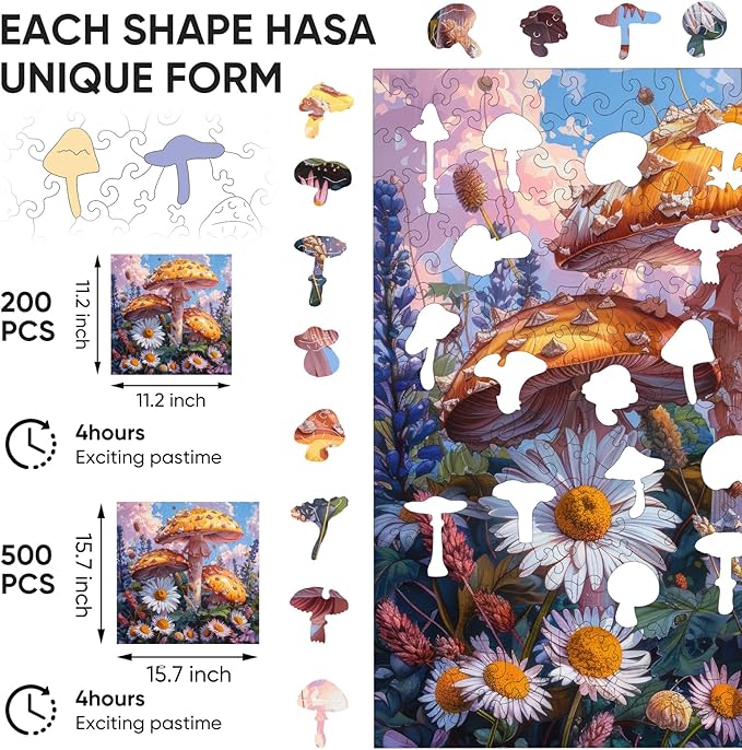 Wooden Puzzles for Adults, 500 Pieces Mushroom Flower Wooden Jigsaw Puzzles, 15.7 in Wooden Puzzle Adult Creative Christmas Thanksgiving Toy Gifts for Friends Family Puzzle Lovers
