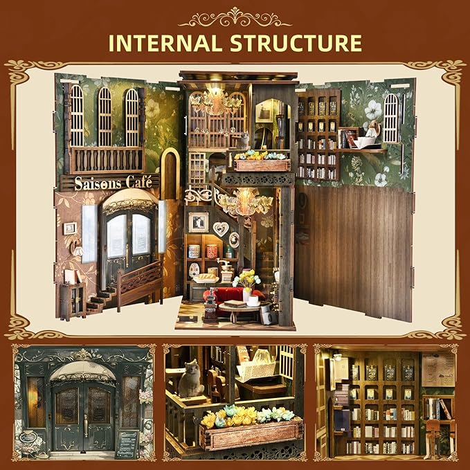 Book Nook Kit, DIY Doll House Booknook, Miniature Kit for Bookshelf Doll Houses for Adults Teen Halloween, 3D Wooden Puzzle Bookends with Led Light and Dust Cover (Saisons Café)