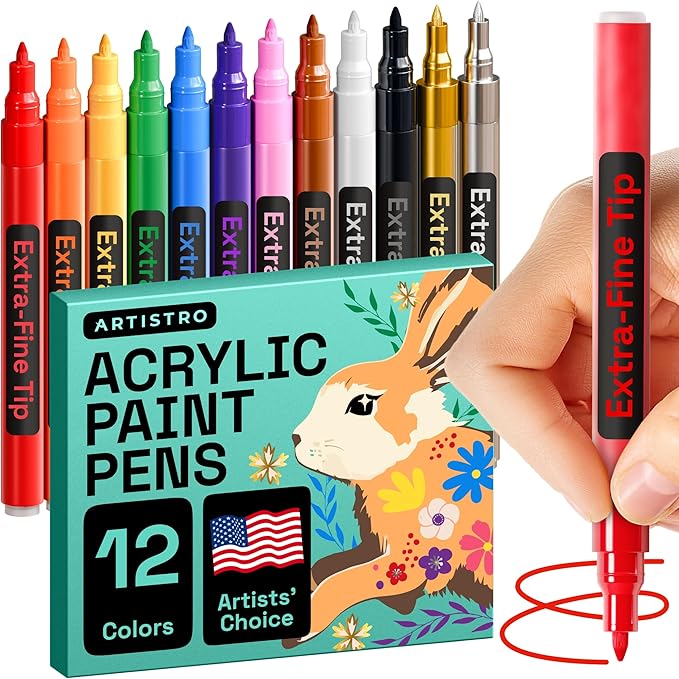 ARTISTRO 12 Acrylic Paint Pens, Fabric Markers for Textile, Rock, Glass, Wood, Paper, Ceramic, Canvas DIY Art Supplies Kit, Drawing Markers for Kids and Adults (Extra Fine Tip)