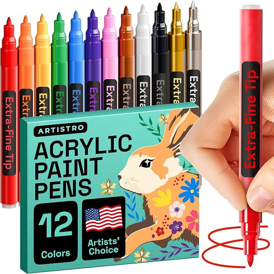 ARTISTRO 12 Acrylic Paint Pens, Fabric Markers for Textile, Rock, Glass, Wood, Paper, Ceramic, Canvas DIY Art Supplies Kit, Drawing Markers for Kids and Adults (Extra Fine Tip)