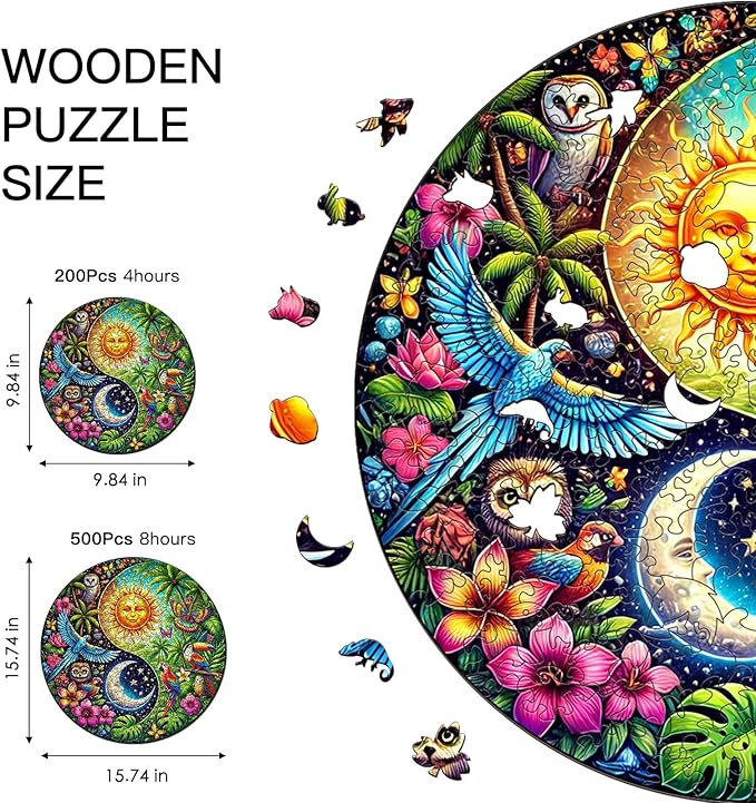 Wooden Puzzle for Adults โ Tropiacl Yin-Yang Shaped Jigsaw, Unique Brain Teaser for Kid & Teen, 220 Pieces, 10"x10", Ships as Whole Puzzle Board (No Loose Pieces), Gift-Ready Box, Fun Family Game