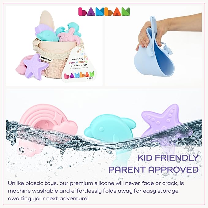 BamBam Baby โ Premium Silicone Beach Toys for Toddlers & Baby | 100% BPA Free, Safety Tested | 8 Piece Sand Bucket Set for Ages 6 Months and Up - (Blissful Pink)