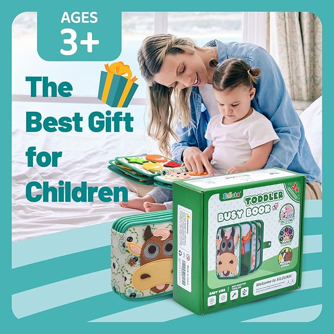 Montessori Busy Book for Toddlers 1-3, Felt Quiet Book & Busy Board for Preschool Learning, Fine Motor Skills & Sensory Play, Educational Travel Toy and Gift for Kids – Farm Animals Theme, Green