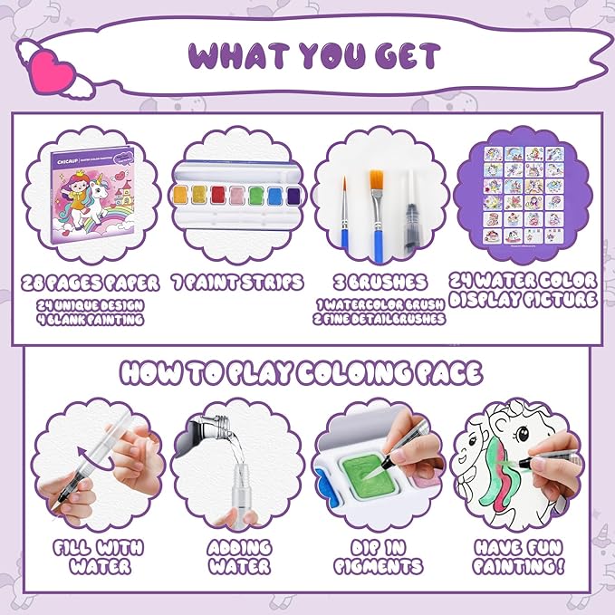 Paint with Water Coloring Books for Kids, Mess Free Watercolor Painting Kit Painting Activity for Kids Ages 3-5 4-8, Arts Crafts Drawing Gift Toy for Boy Girl (Purple)