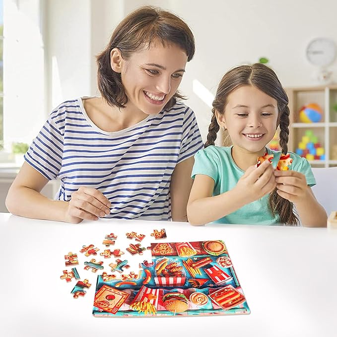 LELEMON Hamburger Jigsaw Puzzles in a Metal Box 60 Pieces Hamburger Jigsaw Puzzle for Kids Ages 4-8 Children Learning Educational Puzzles Toys