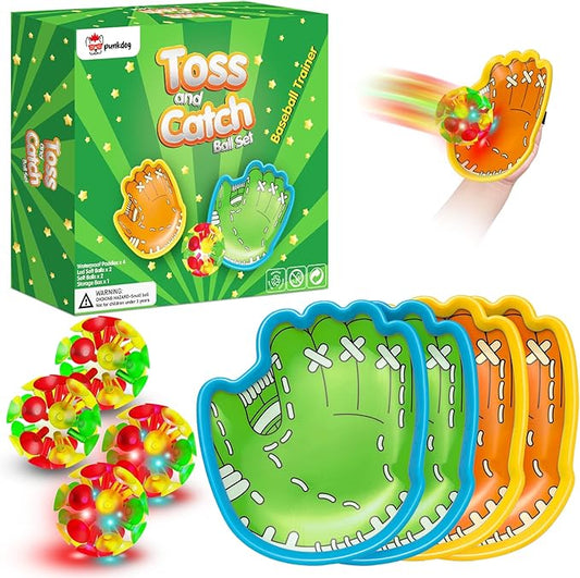 punkdog LED Toss and Catch Ball Game Set - 2 LED and 2 Regular Suction Cup Ball with 4 Easy-Grip Gloves - Beach Sports Toys for Kids - Outdoor Games for Backyard or Park - Christmas for Kids