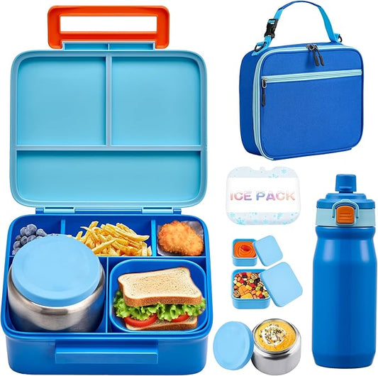 MAISON HUIS Kids Bento Box Set - Includes 8oz Soup Thermo, Insulated Lunch Bag & 17oz Stainless Steel Water Bottle, 5-Compartment Bento Box with Built-In Ice Pack, Leak-Proof & BPA-Free(Blue)