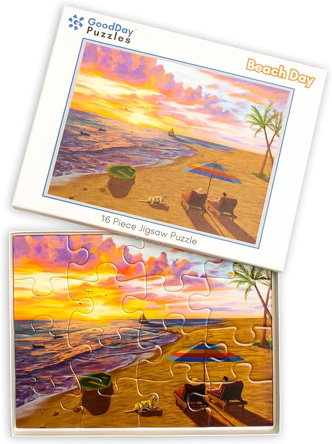 Large Piece Jigsaw Puzzle – Easy & Colorful, Dementia & Memory Activities for Seniors, Elderly Gifts, 16 Pieces, Beach Day