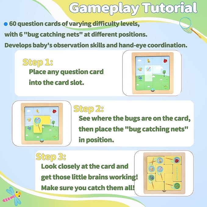Insect Catching Puzzle Game for Kids Ages 3-8, 30 Double-Sided Challenge Cards Montessori Learning Toys, Strategic Board Game with Bug Catching Net Tiles, for Boys Girls