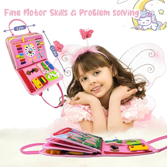 TenFans Montessori Busy Board for Toddlers 3-5 Years - Sensory Toys for Fine Motor Skills - Felt Travel Activity Board with Zipper