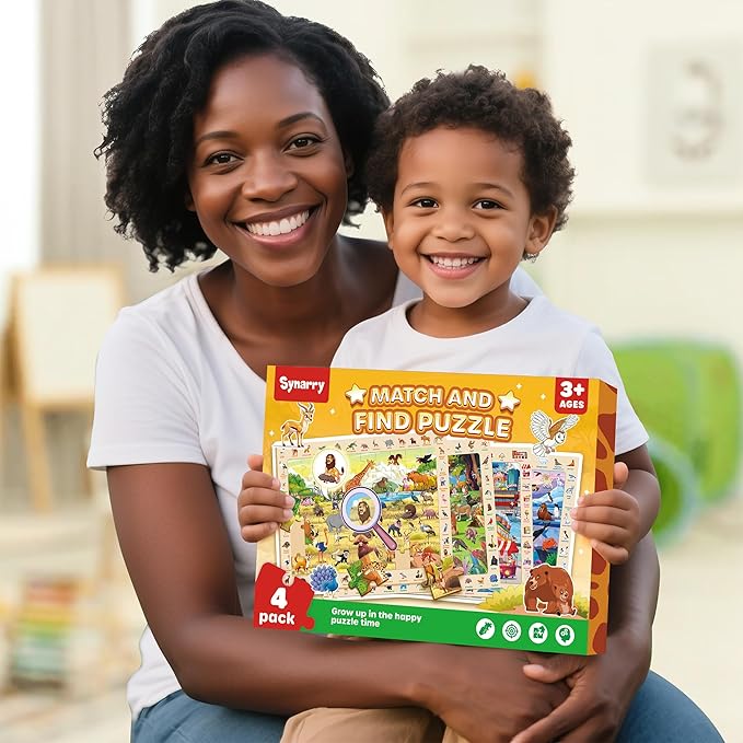 SYNARRY Wooden Puzzles for Kids Ages 4-6, 4 x 60 Piece Match & Find Puzzles for Kids Ages 3-5 Boys Girls, Educational Toys Gifts for 4-8 yo for Learning Jungle Savannah Polar Animals & City Life
