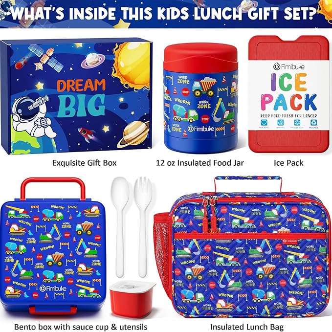 Fimibuke Kids Bento Snack Lunch Box with 4 Compartment, Insulated lunch Bag, Stainless Steel Vacuum Thermos Food Jar, Ice Pack, Utensils Set, Birthday Gift for Age 3-12 Back to School Toddler Girl Boy