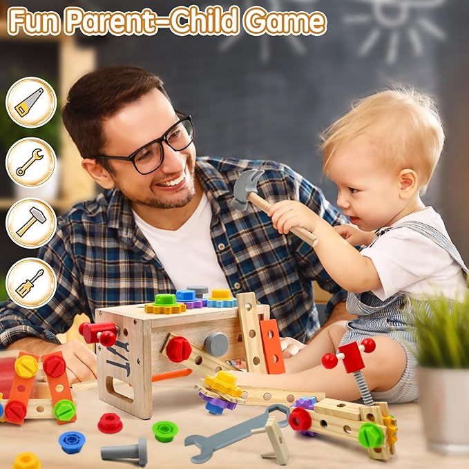 29Pcs Montessori Wooden Kids Toy Tool Box Set, Toddler Early Educational Pretend Play Construction Activity STEM Learning Toys for 2 3 4 5 Year Old Boy Girl, 1st Birthday Gifts