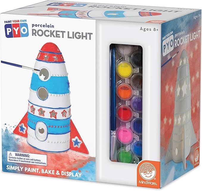 MindWare Paint Your Own Porcelain: Rocket Light with 2 Tea Lights, 12 Paints & 2 Brushes - Creative paintable Pottery Crafts & Gift Kits for Kids