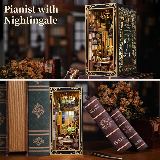 MiniCity DIY Book Nook Kit for Adults, 3D Wooden Puzzle Bookend Bookshelf Insert Decor with LED Light and Dust Cover (Pianist with Nightingale)