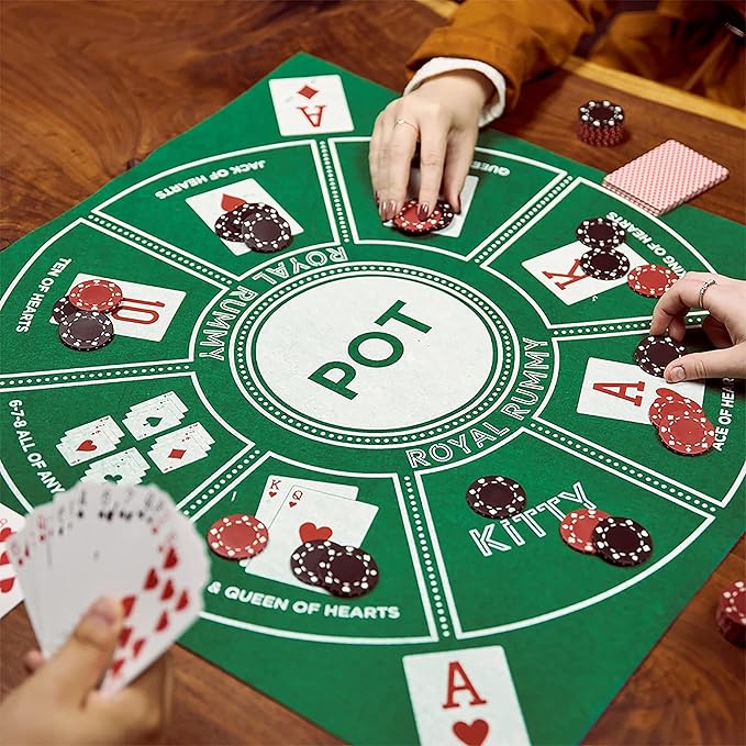 MBGBrybelly Royal Rummy Play Mat - 24" x 24" Green Felt Mat - Classic Family Casino Card Games of Bets and Bluffs - for Fans of Poker, Michigan Rummy, and Rummy Games - 30+ Min Gameplay, 2-9 Players