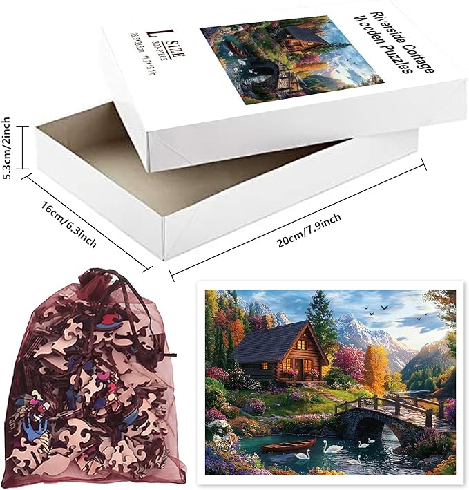 GLOBLELAND 300Pcs Riverside Cottage Wooden Jigsaw Puzzles for Adults 11.22x15.16inch Colorful River Landscape Wood Puzzles for Holidays Birthday Gifts