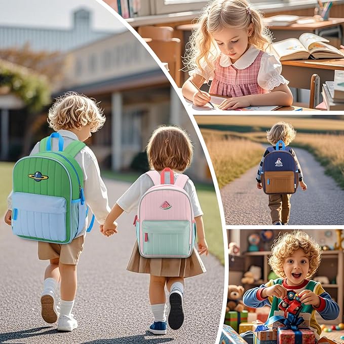 VASCHY Toddler Girls Backpack, Kids' Small Lightweight Quilted Color-blocked Bookbag School Backpack for Kindergarten Children Light Pink Green
