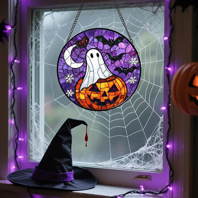 Stained Glass Window Hanging Halloween Horror Pumpkin 7.8" - Suncatcher Door Garden Sunroom Gothic Style Ghost Bat Sun Catcher Birthday for Friend Mom Men Woman Nana