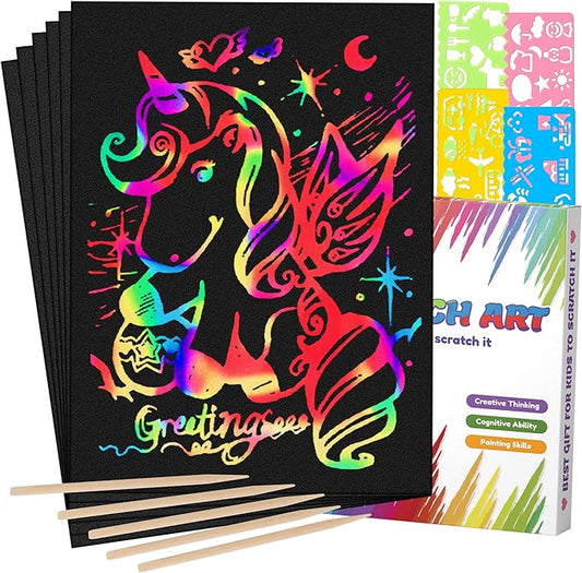 Mocoosy 60 Pcs Rainbow Scratch Art Paper for Kids, Magic Scratch Paper Set Art and Craft Kit, Black Scratch Sheets for Party Game Activities Birthday Gifts Toys Girls Boys 3 4 5 6 7 8 9 10 Years Old