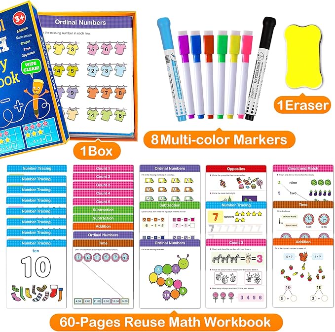 Preschool Learning Activities 60 Reusable Pages, Number Tracing Addition Subtraction Math Practice Kindergarten Workbook, Educational Fine Motor Toddler Learning Toys for 3 4 5 Year Olds