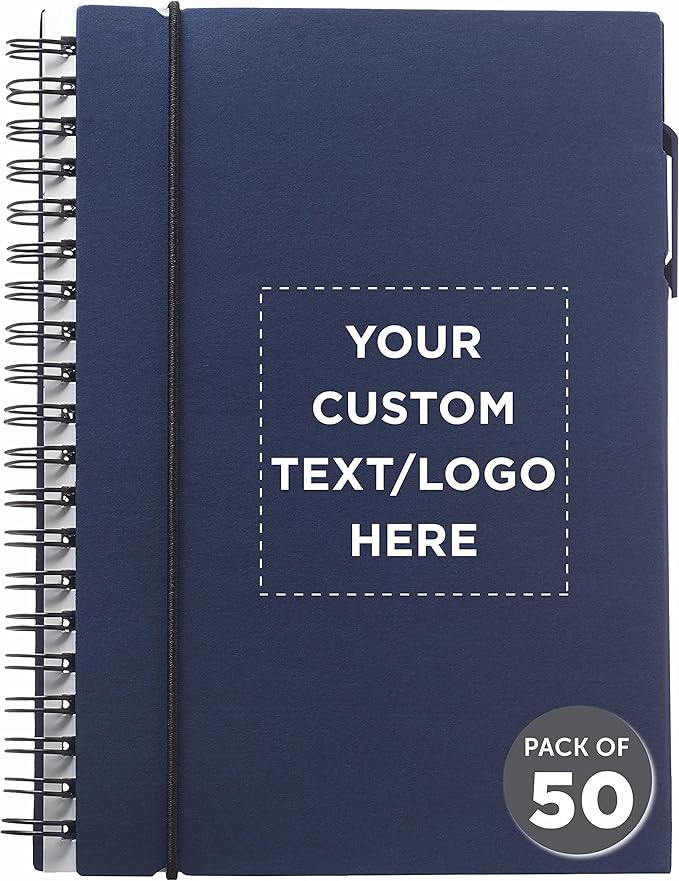 DISCOUNT PROMOS Custom Spiral Notebooks with Elastic Closure Set of 50, Personalized Bulk Pack - Perfect for School, Office, Business and More - Navy Blue