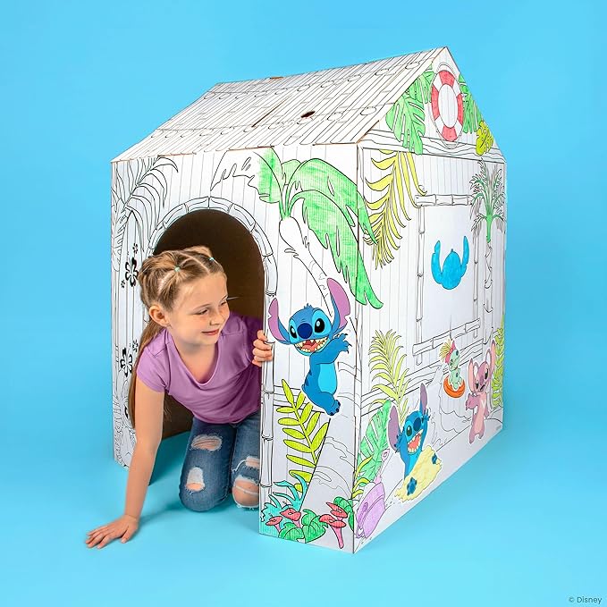 Fashion Angels Disney Stitch DIY Tropical Hideaway Playhouse, Color & Decorate Kid-Size Play Set with Crayons & Decals, Fun Craft Activity for Kids Ages 3+