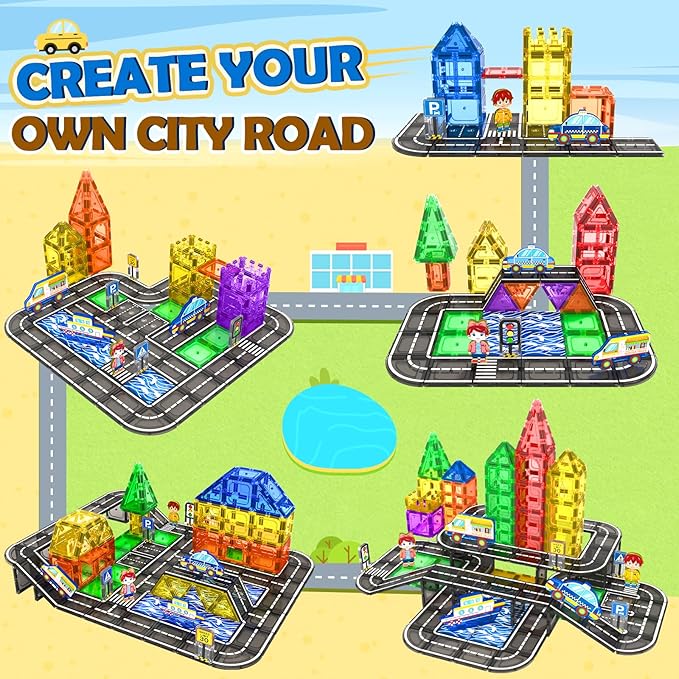 112PCS Magnetic Tiles Road Set with Vibrant Color & Ultra Magnet Strength, City Road Building Blocks Construction Toys for Toddlers Kids Ages 3-12, Creative Gifts STEM Toys for 3+ Years Old Boys Girls