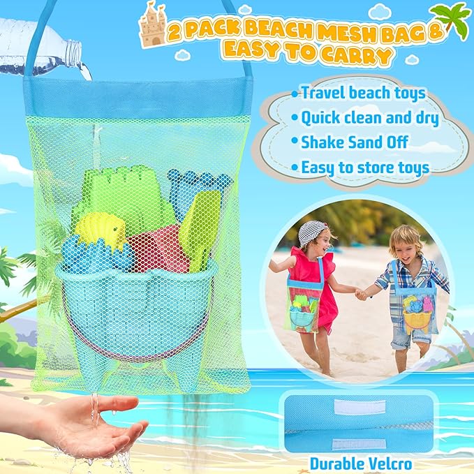 Beach Toys for Toddlers, Sand Castle Toys with 2 Sand Bucket, 2 Mesh Bag, 4 Shovels & Molds, Travel Sand Toys for Beach Sandbox Toys for Toddlers Kids Baby Boys Girls Age 3-10
