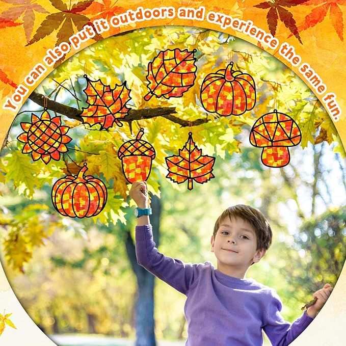 32 Sets Fall Thanksgiving Suncatchers Craft Kit DIY Window Stained Glass Effect Autumn Harvest Paper Crafts Home School Classroom Decoration Kid Birthday Gift Creative Art Project Activity Game