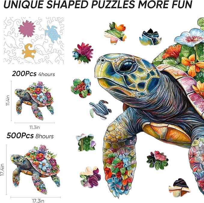 Wooden Puzzles for Adults, Flower Sea Turtle Wooden Jigsaw Puzzles 500 Pieces 16.4 * 16.5in, Unique Animal Shaped Wooden Puzzles for Adults and Kids, Family Game