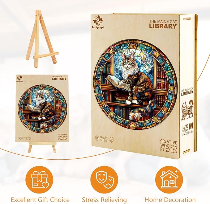 Wooden Puzzles for Adults, Wooden Jigsaw Puzzles for Adults Kids, The Maine Cat Library Unique Shaped Wood Puzzles Adult, Creative Birthday Gifts for Friends Family Game (13.4 * 13.4in 300pcs)