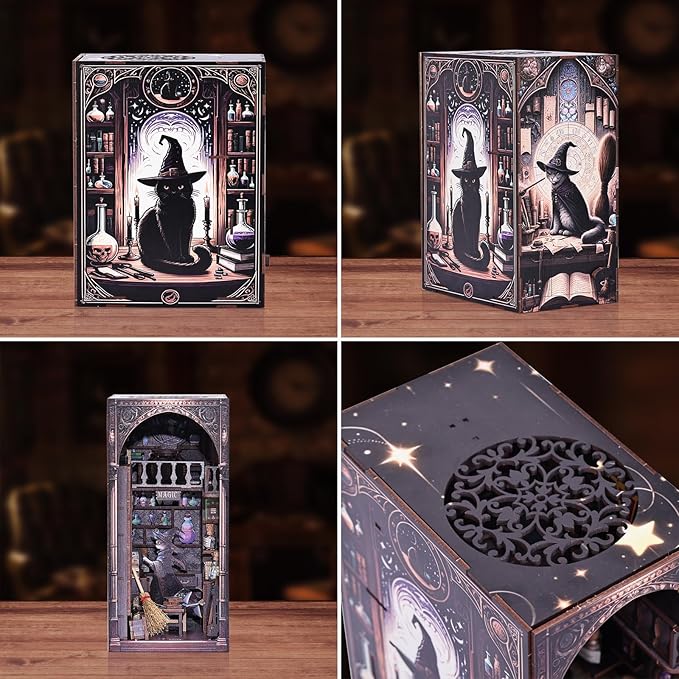 Magic Wizard Cat 3D Book Nook Kit, DIY Miniature House Booknook Dollhouse Kit for Adults and Teens, 3D Wooden Puzzle Bookend Bookshelf Insert Decor, Mini Magic House Model Build Gift
