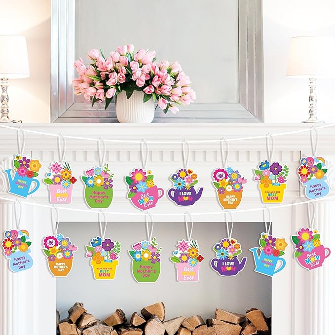ANGOLIO Mother's Day Craft Kit for Kids - 40Sets Mother's Day Flowers DIY Paper Craft Kit Make Your Own Flower Pot Hanging Ornaments with Floral Stickers for Mom Ladies Classroom DIY Art Activities