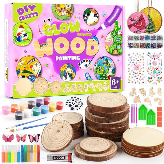 Wooden Painting Kit for Kids 6-12, Wood Slice DIY Craft Gift Set with Paints, Glues, Assorted Gems & Diamond Painting Tools, Creative Art Activity Supplies for Boys Girls