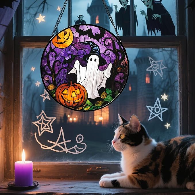 Stained Glass Window Hanging Halloween White Ghost Black Bat 6.3" - Suncatcher Door Garden Sunroom Horror Pumpkin Sun Catcher Birthday for Friend Mom Men Woman Nana