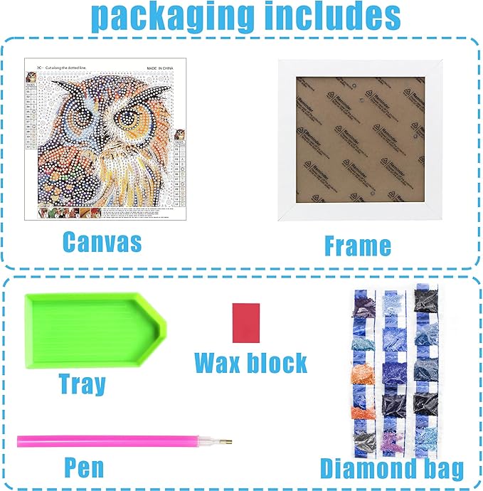geesfayan Diamond Art Kits for Kids Ages 8-12,6 Inch DIY Gem Art Painting with 7 Inch Frame, Complete Starter Kit for Beginners, Creative Arts & Crafts Gift for Girls & Boys (Owl)