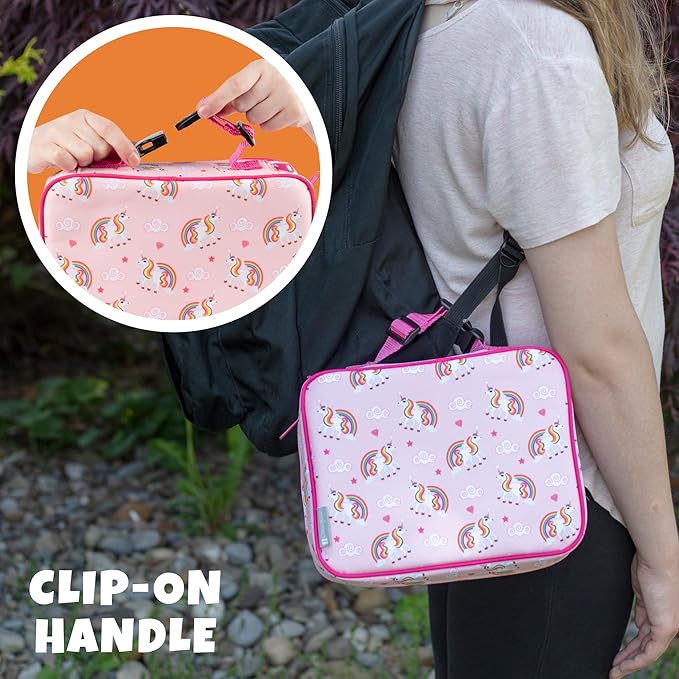 Bentology Kids Lunch Bag Set w Matching Reusable Food Jar & Hard Ice Pack- Unicorn- Insulated Tote, Stainless Steel thermos & Freezer Pack to Keeps Food Fresh for Hours- Back to School Lunch Box Kits