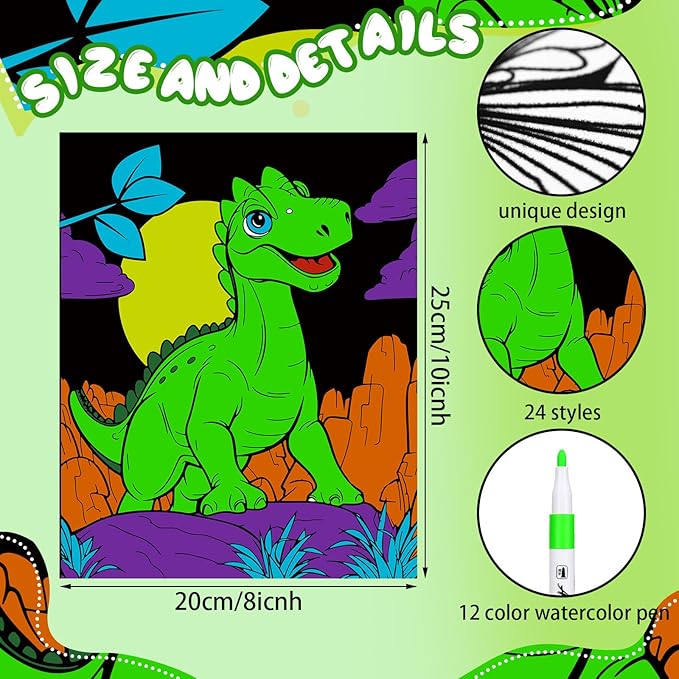 Zhanmai 48 Pack of 8 x 10 Inches Back to School Dinosaur Velvet Coloring Posters Party Favors and 12 Pcs Watercolor Pens for Adults Teenagers Large Poster for Classroom Holiday Arts Crafts