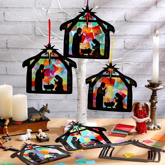 Eersida 32 Sets Christmas Nativity Suncatchers Craft Kit DIY Christianity Tissue Paper VBS Sunday School Craft Make a Nativity Tissue Paper Kit for Holy Night Christian Religious Lent Bible Window Art