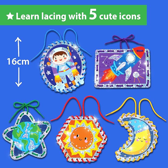 EZCRA Lacing Cards for Kids Ages 3-5 - 5 Pcs Space Theme with Colorful Laces - Craft Kit for Kids DIY Activity Set - Fine Motor Skills Toys and Preschool Learning Activities
