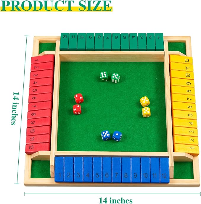 14 inches Shut The Box Dice Game, 2-4 Player Upgraded 12 Numbers Wooden Board Table Math Games for Adults and Kids, 12 Dices Classics Tabletop Version Games for Classroom,Home,Party or Pub