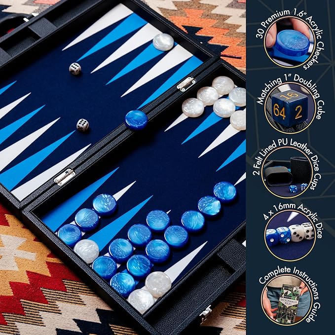 19 Inch Premium Backgammon Sets for Adults Leather Black - Blue. Premium 1.6 Inch Checkers & Dice Set, Travel Backgammon Set, Large, Backgammon Board Game, Backgammon Game Set