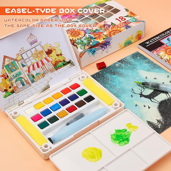 Watercolor Paint Set,Vivid Colors Travel Paint Set Graspable Painting Set Watercolor Sketching Kit with Water Brush Pens,24 Sheets Watercolor Papers,3 Online Tutorial Video - 18colors