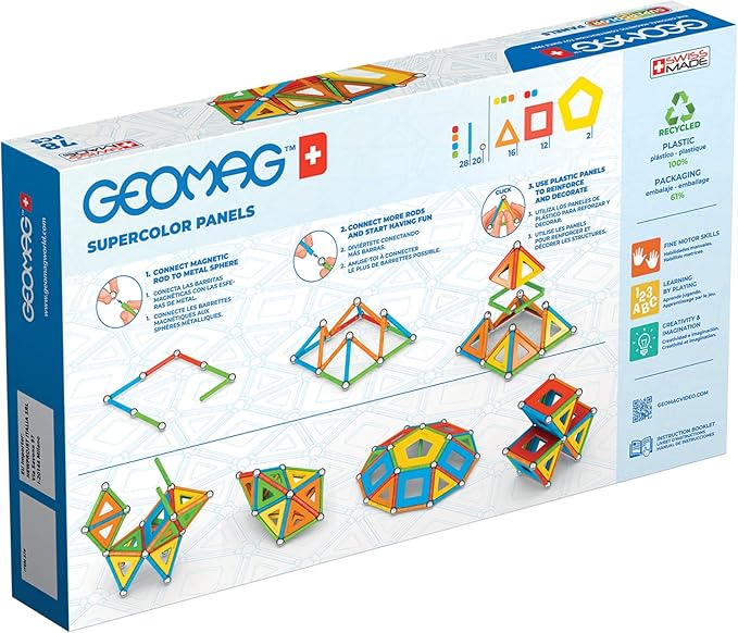 Geomag Supercolor Magnetic Toys for Kids Ages 5+, 78pc Educational STEM Magnets for Kids - Swiss-Made Magnetic Blocks, Tiles and Building Toys from 100% Recycled Plastic