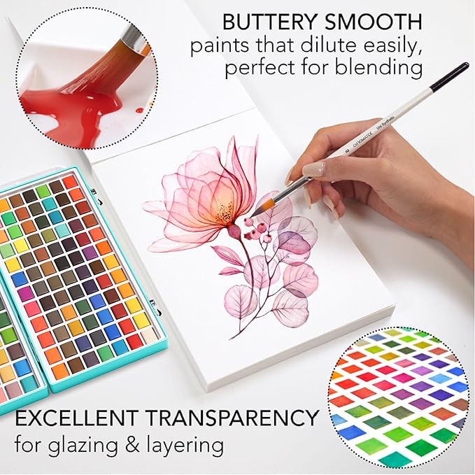 CHROMATEK Watercolor Paint Set β 128 Vibrant Colors for Artists & Beginners with Palette β Includes Metallic, Fluorescent, Pastel & Opaque Shades, Brushes, Pad, Swatch Sheets & Travel Case
