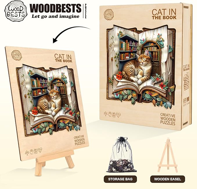 WOODBESTS Wooden Puzzles for Adults, Cat in The Book Wood Puzzles Adult(195 Pieces, M, 10.6 * 10.4in), Unique Shape Wooden Animal Jigsaw Puzzles, Birthday Gifts for Adults Family Game