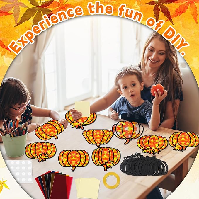 32 Sets Pumpkin Suncatchers Craft Kit DIY Window Stained Glass Effect Fall Pumpkin Paper Crafts Home School Classroom Autumn Thanksgiving Decor Kid Birthday Gift Creative Art Project Activity Game