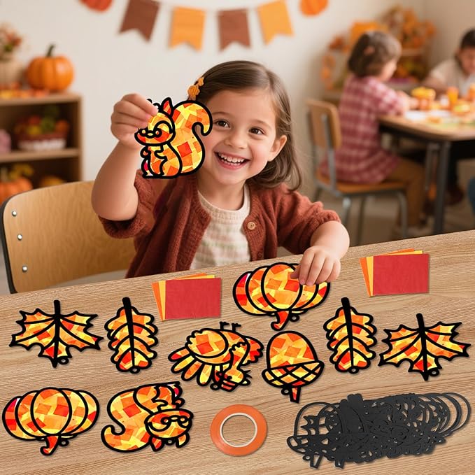 Qyeahkj 36 Set Fall Suncatchers Crafts for Kids DIY Autumn Leaf Pumpkin Acorn Squirrel Window Tissue Paper Craft Kit Hanging Decor for Classroom Home Activity Art Project Birthday Party Favor Gift