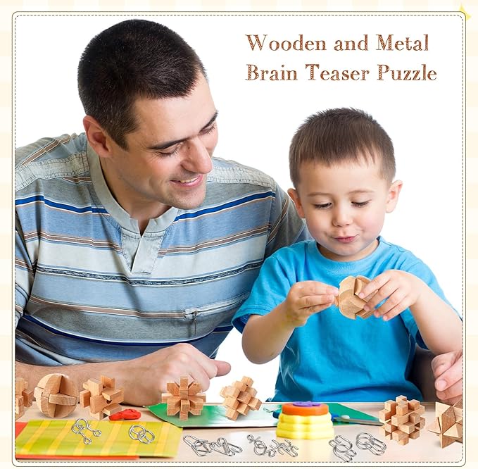 Yilloog 45 Pcs Brain Teasers Metal and Wooden Puzzles for Kids Adults Mind Iq and Logic Test Toys 3D Educational Unlock Interlock Puzzles Box for Family Challenging Games